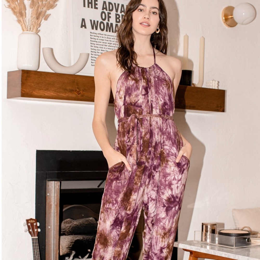 NWOT It's Chill Purple Multi Tie-Dye Halter Jumpsuit